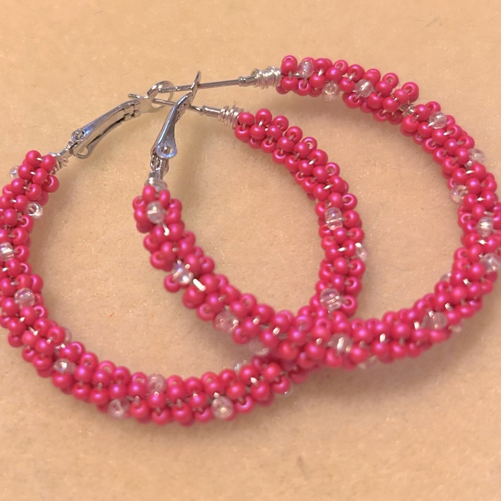 Hand-Beaded 1 1/2” Hot Pink Hoop Earrings NWOT